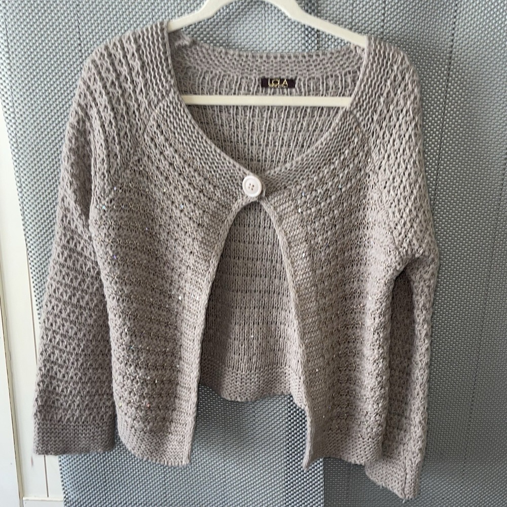 FINAL $ Lola Made In Italy S/M Cardigan Sweater Beige Tan Sparkle Angora